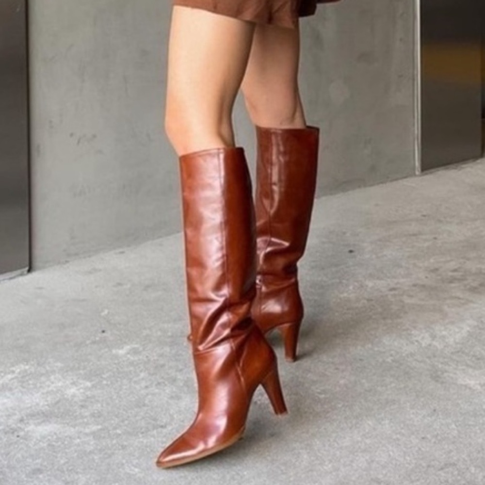 Zara Leather Boots Heels Bloggers Favorite Size US 7.5 In Brown Cognac Color NWT
